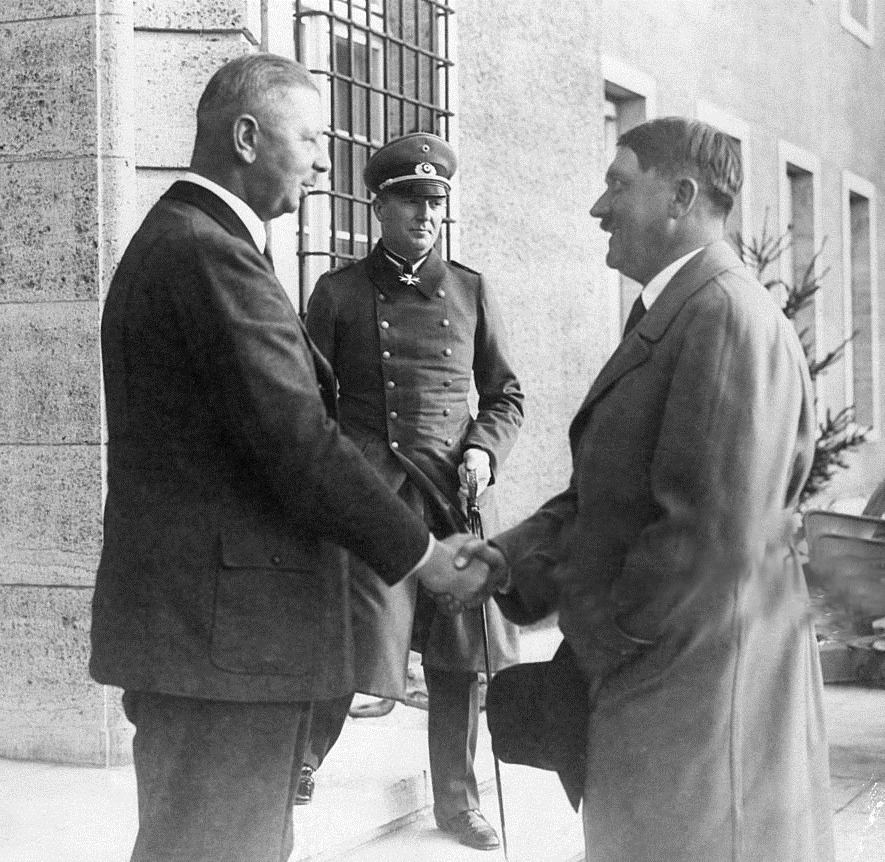 Adolf Hitler is greeted by Hindenburg’s son Major Oscar Von Hindenburg and the President’s Military adjutant, Captain Von Schulenburg in neudeck for the President’s 86th birthday